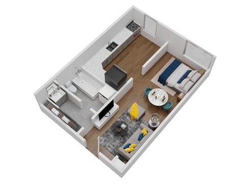 A top down view of a small apartment with a kitchen, living room, and bedroom.